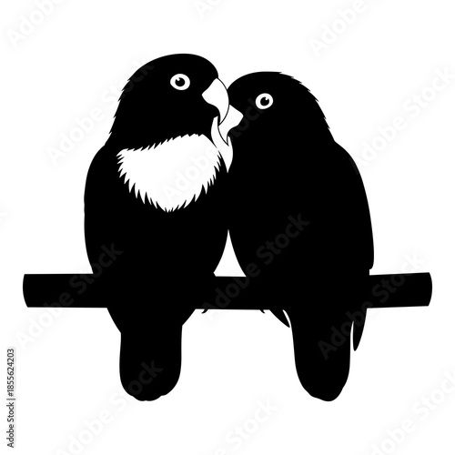Two lovebirds perched closely together as a simple black and white silhouette design