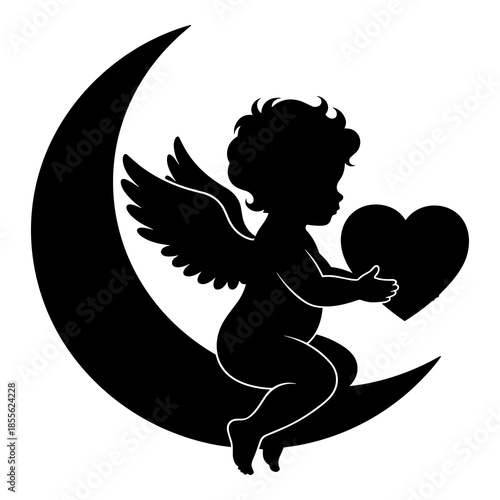 Silhouette of a cherub angel sitting on a crescent moon holding a heart
