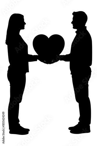 Silhouette of couple sharing a large heart symbolizing love and romantic connection