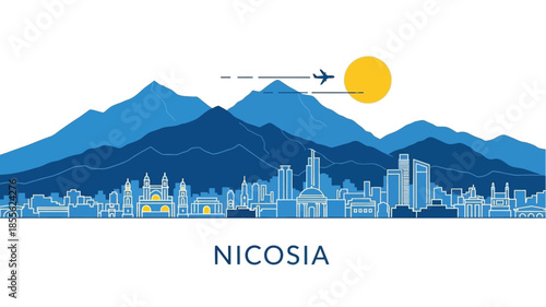 Nicosia Cyprus Skyline Cityscape Illustration with Mountains and Sun