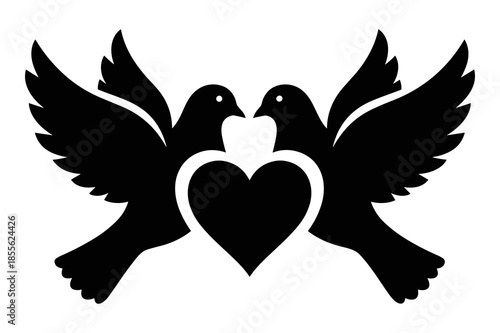 Two black silhouette doves facing each other with a heart shape between them