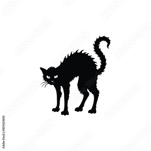 Black cat silhouette illustration, fur standing, Halloween creepy gothic vintage horror style vector
