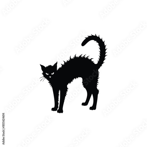 Black cat silhouette illustration, fur standing, Halloween creepy gothic vintage horror style vector