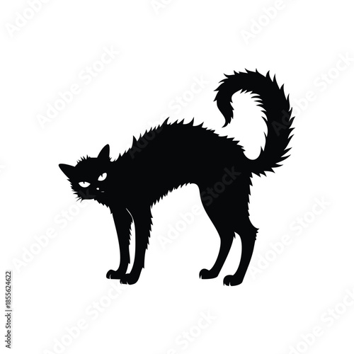 Black cat silhouette illustration, fur standing, Halloween creepy gothic vintage horror style vector