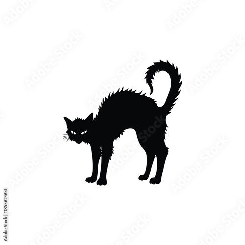 Black cat silhouette illustration, fur standing, Halloween creepy gothic vintage horror style vector