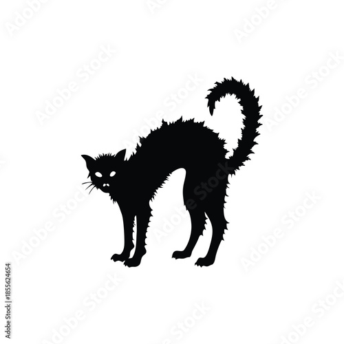 Black cat silhouette illustration, fur standing, Halloween creepy gothic vintage horror style vector