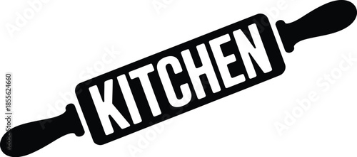 Black and white rolling pin with the word KITCHEN simple graphic for culinary themes isolated on white