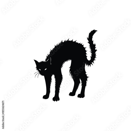 Black cat silhouette illustration, fur standing, Halloween creepy gothic vintage horror style vector