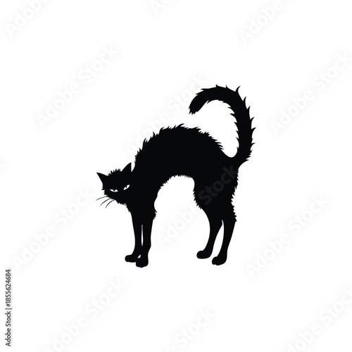 Black cat silhouette illustration, fur standing, Halloween creepy gothic vintage horror style vector
