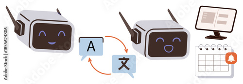 Two smiling robots translate text between languages with arrows reflecting interaction, icons of a calendar, alarm, and computer. Ideal for AI, language learning, efficiency, communication
