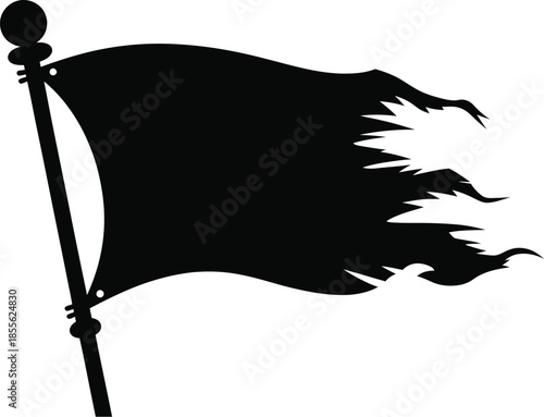 Tattered black flag silhouette on a pole representing defeat or surrender isolated on white background for design