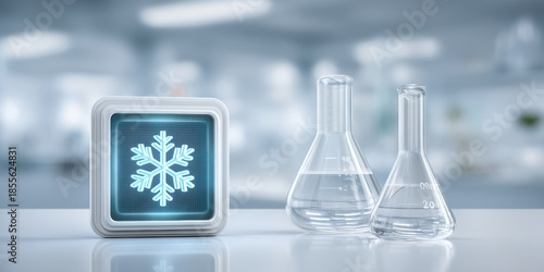 Innovative cooling chip showing snowflake icon stands near flasks in cold laboratory