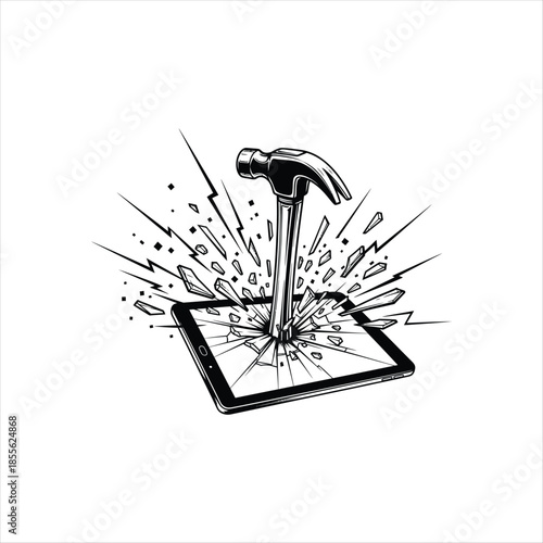 Hammer destroying a tablet screen illustrating digital device damage and tech issues