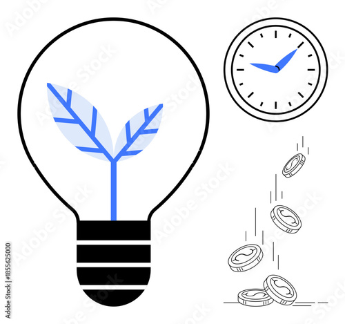 Sustainability, financial planning, time management, innovation, resource efficiency, eco-friendly ideas. Lightbulb with a plant, clock falling coins. Sustainability and financial planning concept