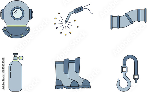 A collection of industrial and safety equipment icons including a diving helmet, welding torch, pipes, oxygen tank, work boots, and a hook.