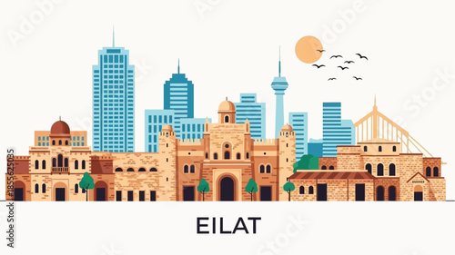 Eilat Cityscape Illustration Modern and Historic Architecture Under a Sunny Sky