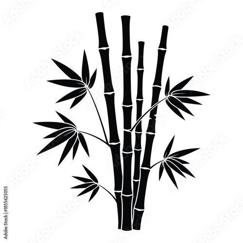 Hand drawn illustration of green bamboo stalks with leaves isolated on transparent background