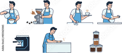 Illustrations depicting various steps of coffee preparation, grinding, serving, and a barista at work.
