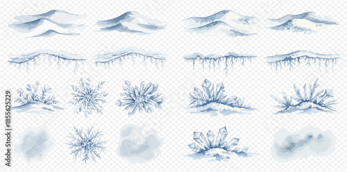 Set of realistic winter elements including snowdrifts, icicles, snowflakes, and ice crystals for cold weather design.