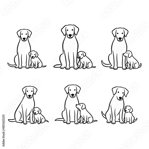 Hand drawn illustration of a mother dog sitting with her puppies in different playful poses