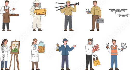 A collection of diverse people engaged in various professional and leisure activities, including art, science, technology, and nature exploration.