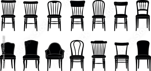 Black silhouette icons of vintage wooden dining chairs and classic furniture collection set isolated on white background for interior design