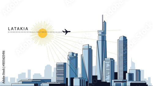 Modern City Skyline Vector Illustration with Sleek Architectural Towers, a Sunny Sky, and an Airplane in Flight, Representing Urban Development and Global Connectivity