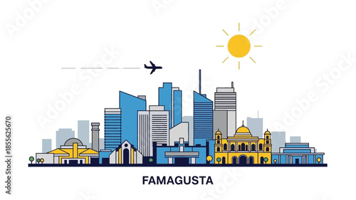 Famagusta City Skyline with Airplane and Sun