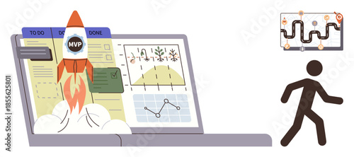 Rocket launching from laptop displaying charts, checklist, and graphs, next to a figure walking toward a roadmap. Ideal for project planning, startup, strategy, progress, entrepreneurship data