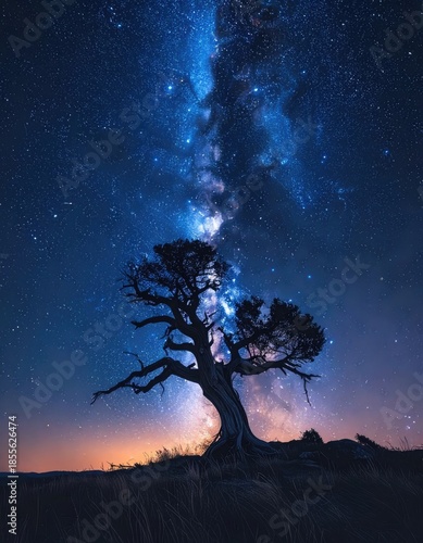 Silhouetted Ancient Tree Beneath a Vivid Blue Milky Way.