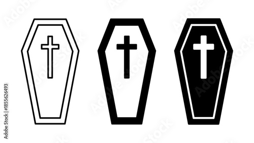Coffin icon set with cross symbol, representing funeral, memorial, burial and remembrance concept for religious, spiritual and end-of-life design use, isolated on white background