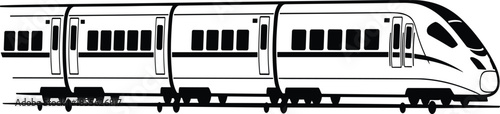 Vector black and white illustration of a modern high speed electric commuter train traveling on tracks isolated on white background