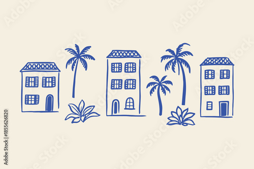 Tropical houses and palm trees doodle vector illustration