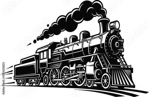 Vector black and white illustration of a vintage steam locomotive train engine in motion with smoke isolated on white background