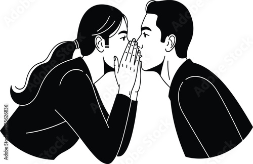 Vector black and white illustration of a woman whispering a secret into a man's ear isolated on a white background