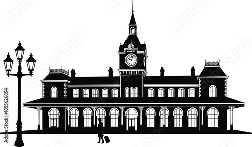 Vector black silhouette of a classic vintage railway station building with clock tower and passenger isolated on white background background