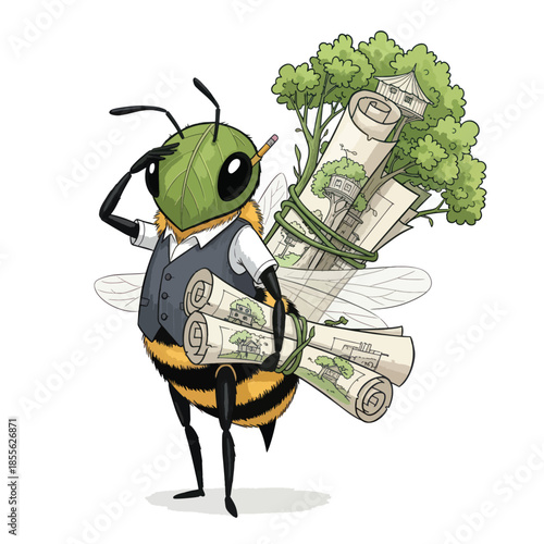 Diligent Bee Entrepreneur Carrying Rolled Money and Greenery on its Back.