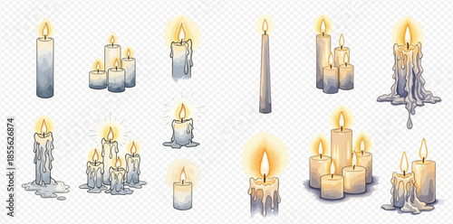 Set of burning candles with melted wax, various shapes and sizes, isolated on transparent background.