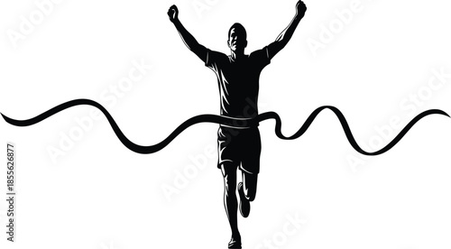 Vector black silhouette of a male athlete crossing the finish line with arms raised in victory isolated on white background