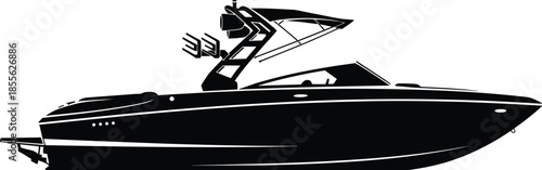 Vector black silhouette of a modern motorboat speed boat with canopy isolated on white background for marine and nautical designs