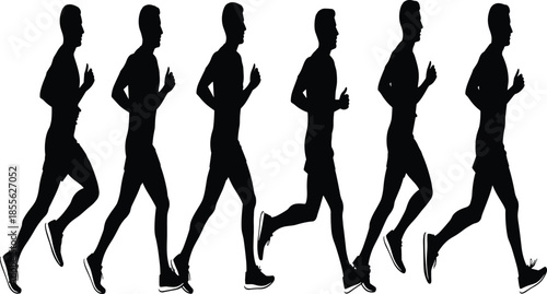 Vector set of black silhouettes featuring a male athlete in various running and sprinting poses isolated on a white background background