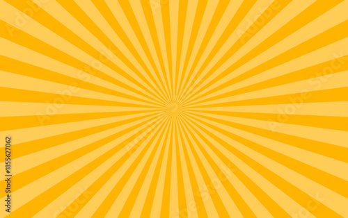 Sunburst background with yellow radial rays, flat vector illustration creating bright sunrise effect for poster, banner, advertising, presentation and abstract graphic design use, isolated composition