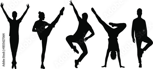 Vector set of black silhouettes featuring active people in various expressive acrobatic jumping and standing poses isolated on white background