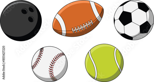 Colorful Sports Ball Vector Set Featuring Soccer Football Baseball Tennis and Bowling Equipment for Games