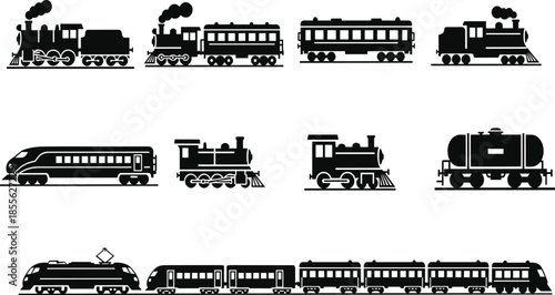 Vector set of black silhouettes featuring vintage steam locomotives and modern high-speed electric trains isolated on a white background background
