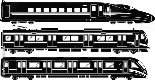 Vector set of black silhouettes featuring various modern high speed electric commuter trains isolated on white background for transport design