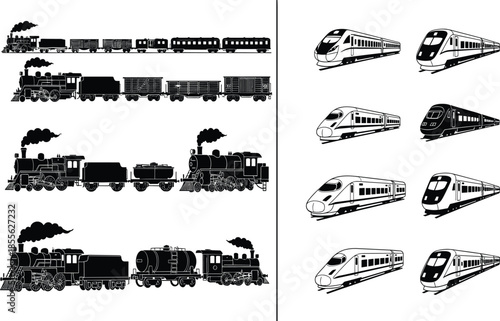Vector set of black silhouettes featuring vintage steam locomotives and modern high-speed trains isolated on white background for transport design