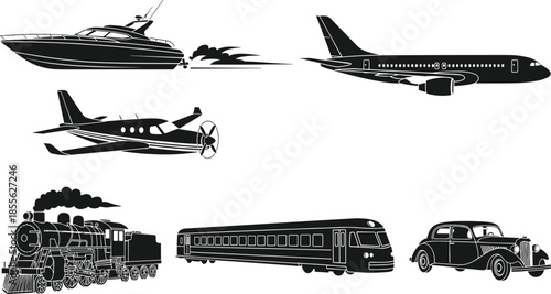 Vector set of black transportation silhouettes featuring airplane speed boat steam train modern railway and vintage car on white background