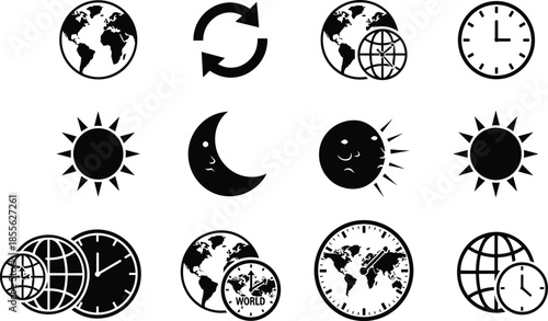 Vector set of black world time icons featuring earth globes clocks sun and moon symbols isolated on white background background