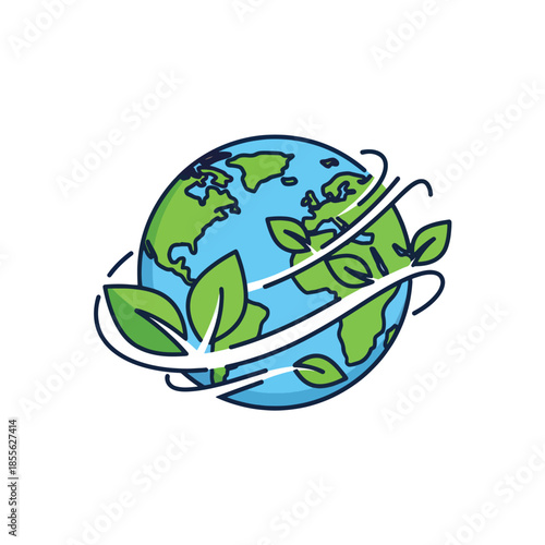 Earth Globe with Green Leaves and Swirling Lines Representing Environmental Care.